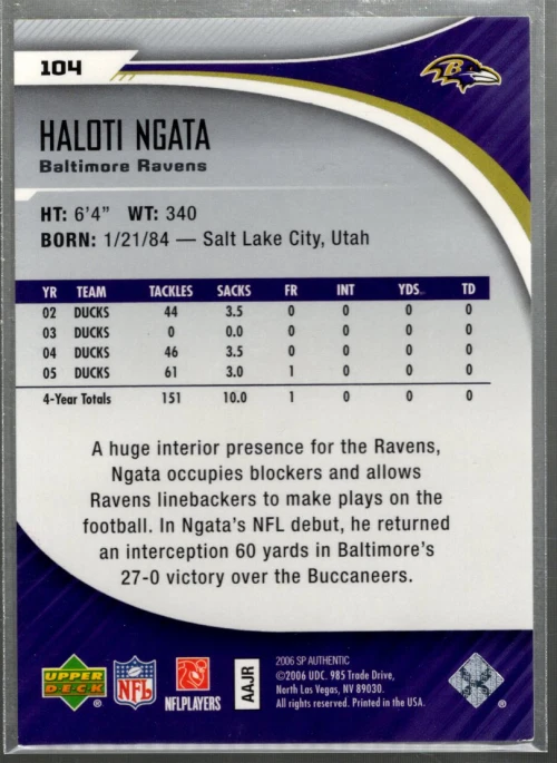 A7893- 2006 SP Authentic #104 Haloti Ngata RC /750 SAMPLE PIC - Image 2 of 2