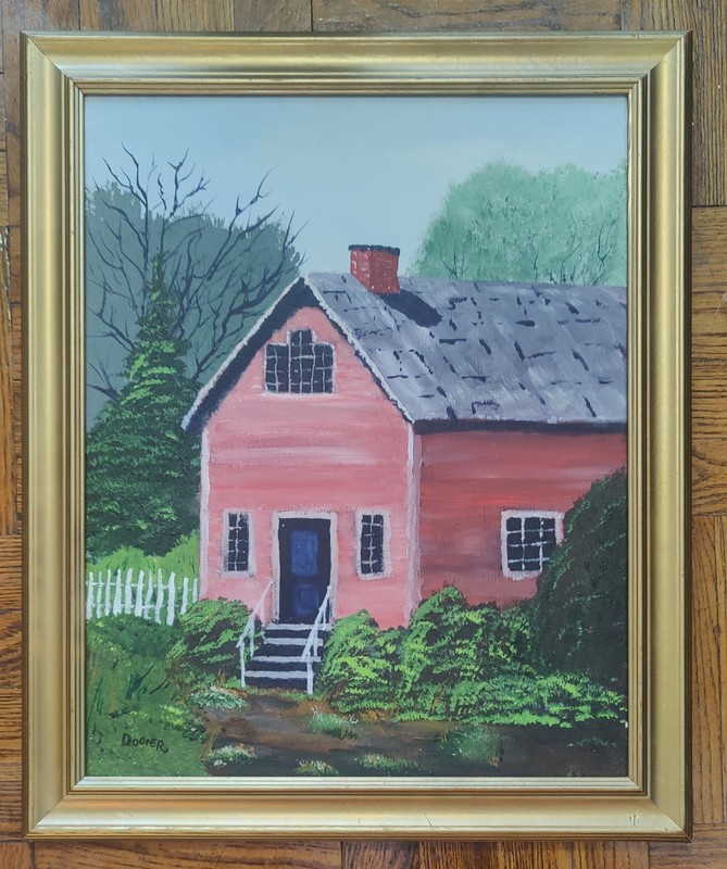 Americana Folk Art Farmhouse Oil On Canvas Framed painting Signed by Dooner.
