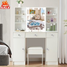 White Vanity Desk Set with LED Lighted Mirror, Makeup Dressing Table and Stool