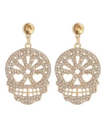 New Earnings  Gold And Clear stones Skull with heart shape 