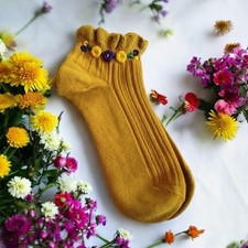 Hand Embroidery Flowers Yellow Colorful Adult And Teen Socks  Size 6-9 