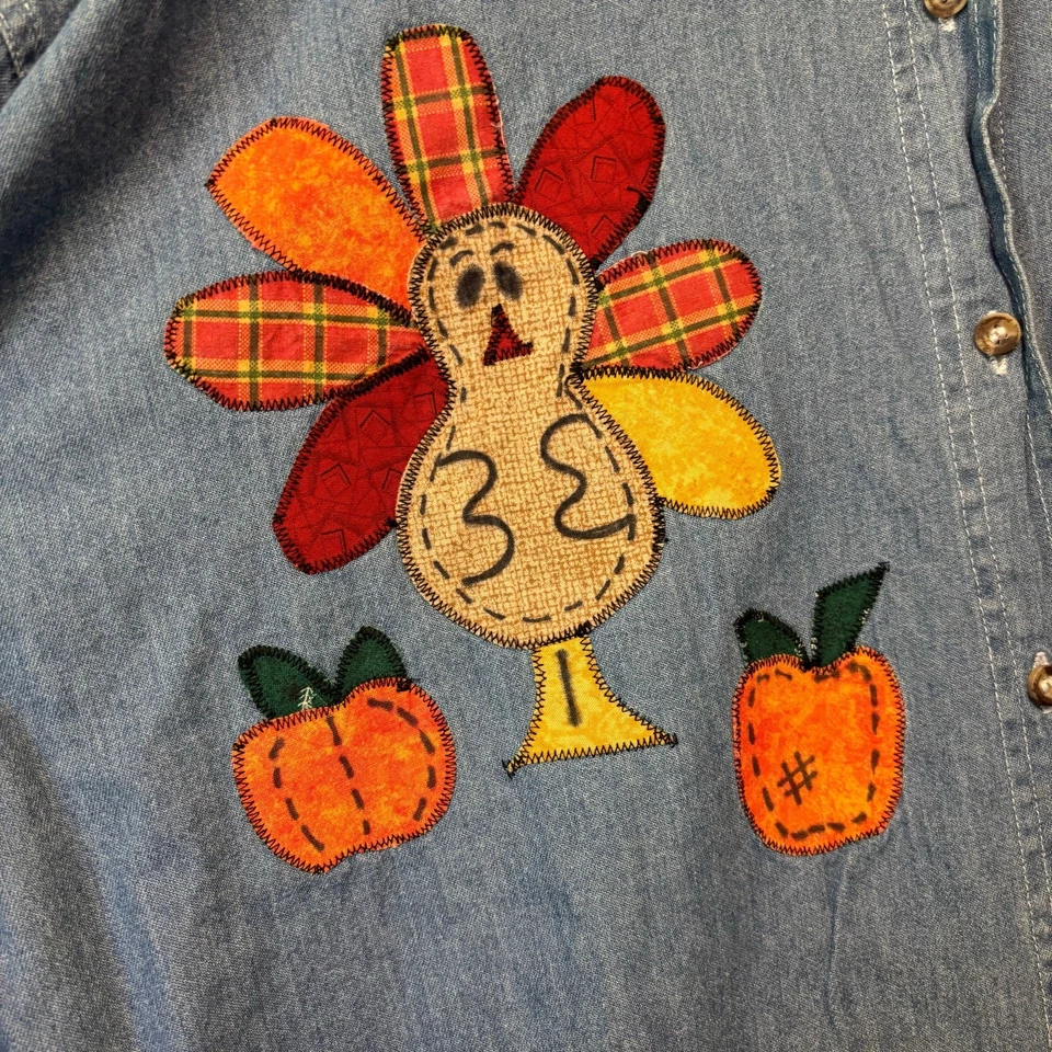 Vintage Blue Diamond Thanksgiving Fall Shirt Button Patchwork Cottage Denim - Image 2 of 4
