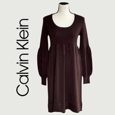CALVIN KLEIN Classic Sweater Dress Chocolate Brown Balloon Sleeves Cottagecore