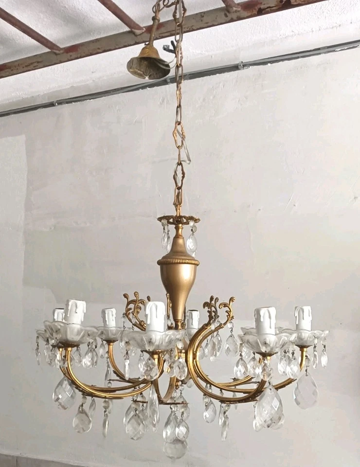 Candelabro espanhol antigo vintage 8 cristal claro latão, década de 1970 - Imagem 3 de 4