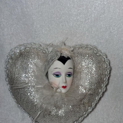 Vintage Anco Porcelain Harlequin Clown Doll with Heart Pillow 12''