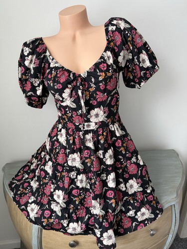 Mini Dress Jr’s M Floral Puff Slv Cottage Fairy Boho Sweetheart Fit Flare Cute