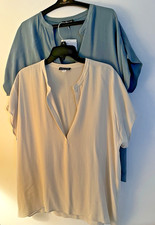 Lot of 2 NWT Eileen Fisher Low Neck Silk Tops Duplic. Sample Size S Blue & Cream