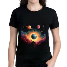 Women's -Short Sleeve T-Shirt with Planetary Design - Swirling Blue  -All-cotton