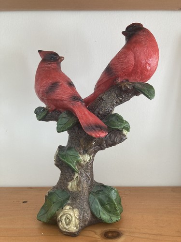 Northern Cardinal Bird Pair Figurine - Red Songbirds on Branch - Wood Look Resin