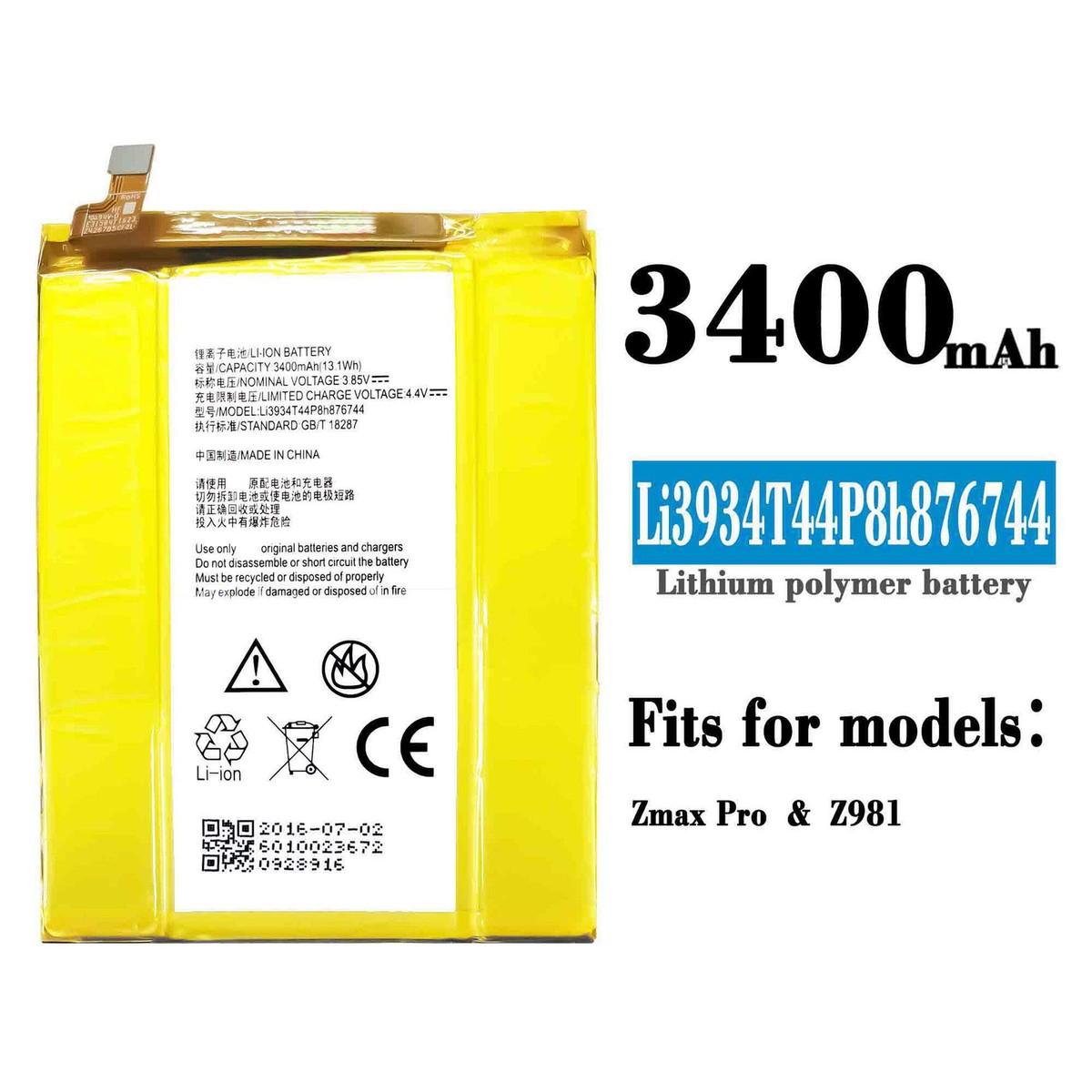 Latest Battery For ZTE Grand ZMax Pro Z988 Z981 Li3934T44P8h876744