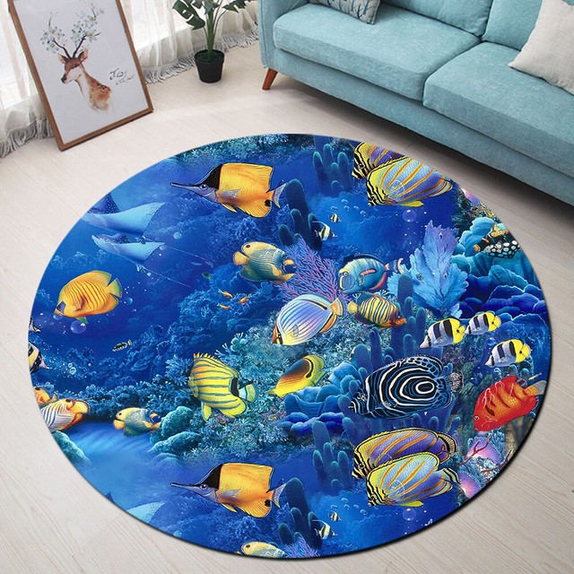 Undersea Blue Ocean Fish Coral Reef Area Rugs Living Room Round Floor