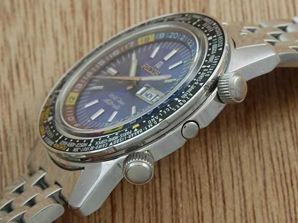 RICOH World Timer Automatic Blue Silver SS Round Analog Antique