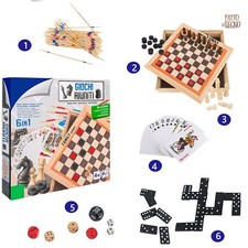 Schachbrett aus Holz mit 6 Schachspielen Dame Domino Karten Shanghai W&uuml;rfel