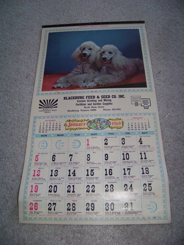 1969 Blacksburg Feed & Seed Company Virginia Champion Almanac Calendar 