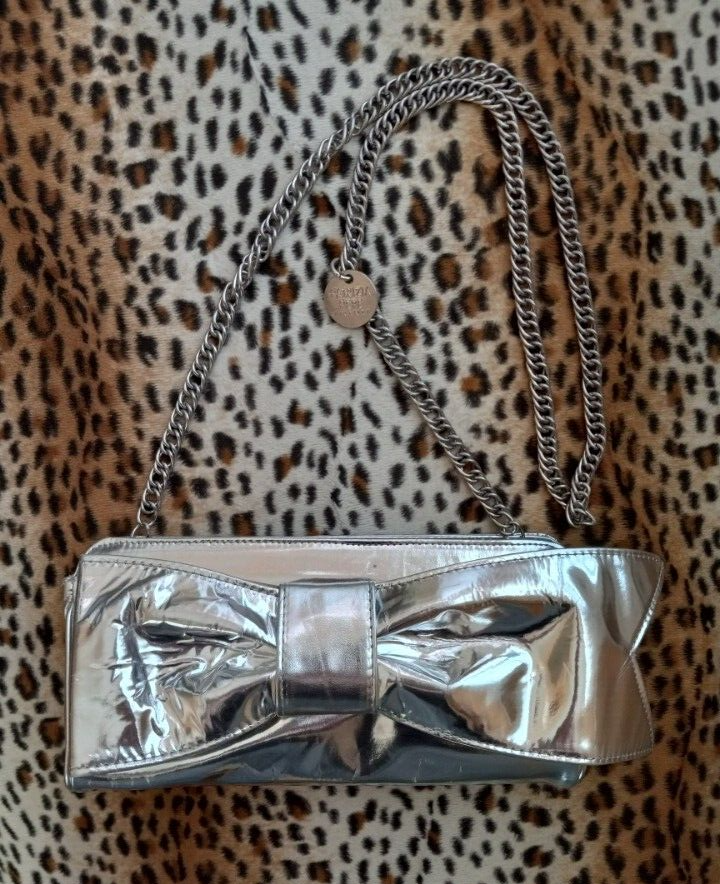 PATRIZIA PEPE FIRENZE Metallic Silver Leather Shoulder Clutch Bag With  Large Bow