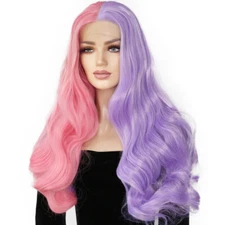 Ladies Two-tone Long Curly Hair Lace Wig Pink and Purple Cosplay Anime wig
