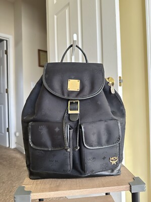 MCM Signature Nylon Large Backpack, Black w/ Gold Hardware, VGUC