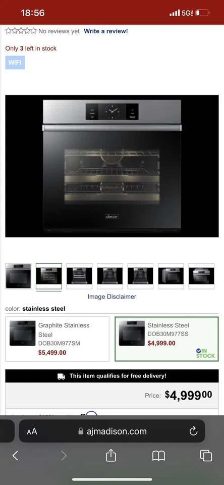 Horno de vapor eléctrico inteligente de pared única Dacor Contemporary DOB30M977SS 30 pulgadas Foto 3 de 4