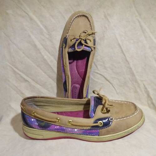 🩰 Sperry Top Sider Boat Shoe 8.5 M Natural Tan Leather w/ Pink & Blue Sequins - Picture 2 of 15
