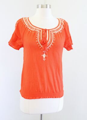 Joie Dolina Orange Gauzy White Embroidered Tassel Tie Top Blouse Size XS Peasant