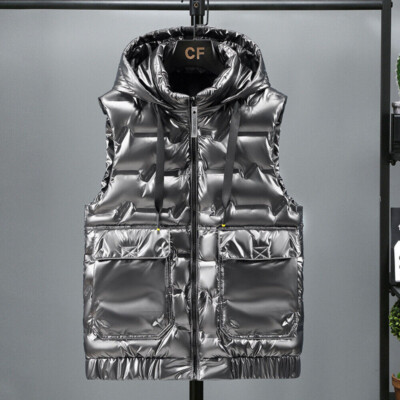 Puffer Herren Wattierte Weste Tank Tops Gilet Ärmellose Jacke Glänzend Kapuze