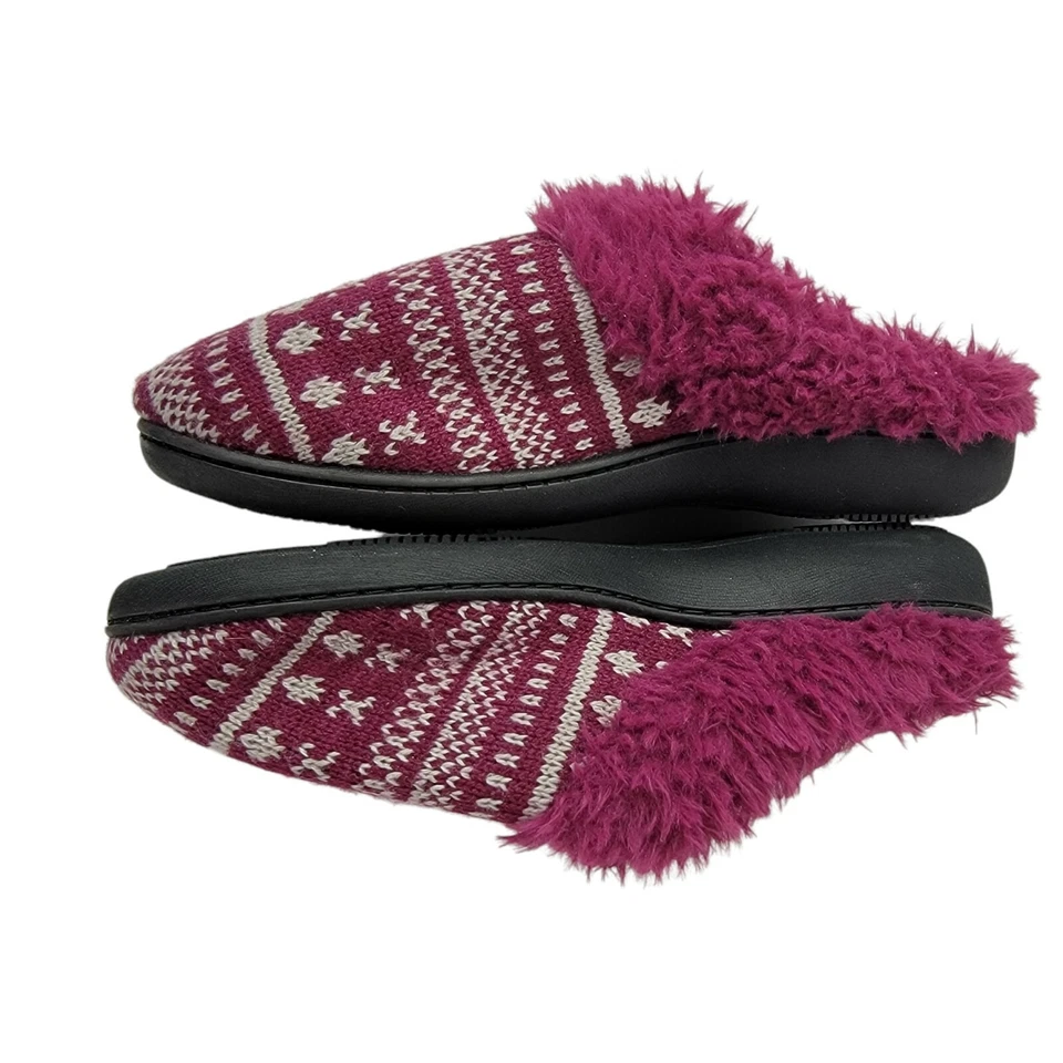 Zapatillas Isotoner para mujer tejidas Fair Isle talla 7,5-8 ribete de piel sintética de mula borgoña Foto 4 de 4