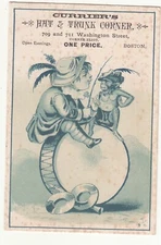 Curriers Hat & Trunk Corner Boston Drum Cymbals Monkey Vict Card c1880s