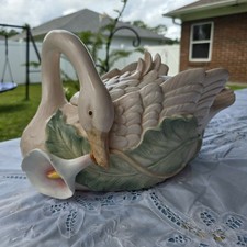 VTG Fitz & Floyd Ceramic Swan Lily Soup Tureen w/ Feather Ladle Lid 1987 3.5 Qt