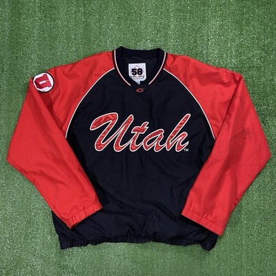 Y2K Utah Utes Windbreaker Pullover Black Red Cursive Sz L 58 Sports NCAA Retro
