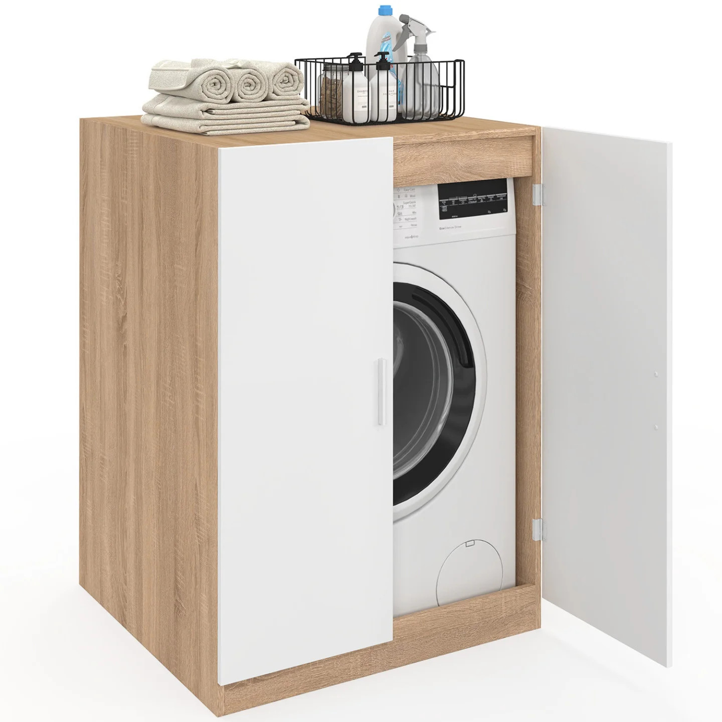 Meuble machine à laver WALLIS finition hêtre et blanc haute densité