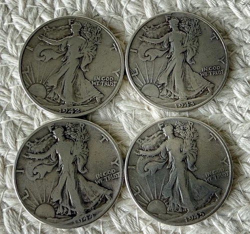4 SILVER Walking Liberty Half Dollars ~ Consecutive 1942 -1945 (Ungrated Fine)