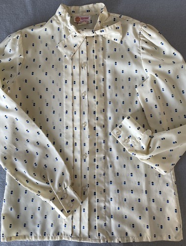 Vintage 80s Blouse Womens Button Up Long Sleeve Top Cream Blue Pattern Sz 10