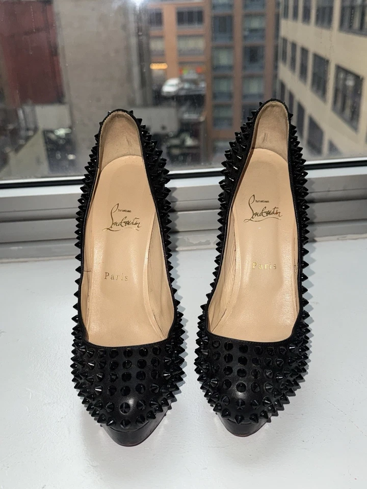 Christian Louboutin Lady Peep Spikes 150 Black Leather Pumps Size 39 - Image 4 of 4