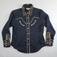 Scully Black Embroidered Pearl Snap Western Shirt Medium Happy Trails Rodeo Rare