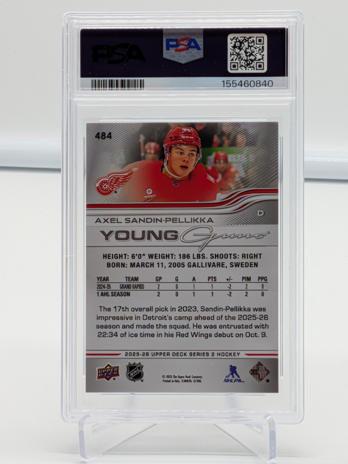 2025-26 Upper Deck Series 2 #484 Axel Sandin-Pellikka Young Guns RC PSA 9 MINT view 2