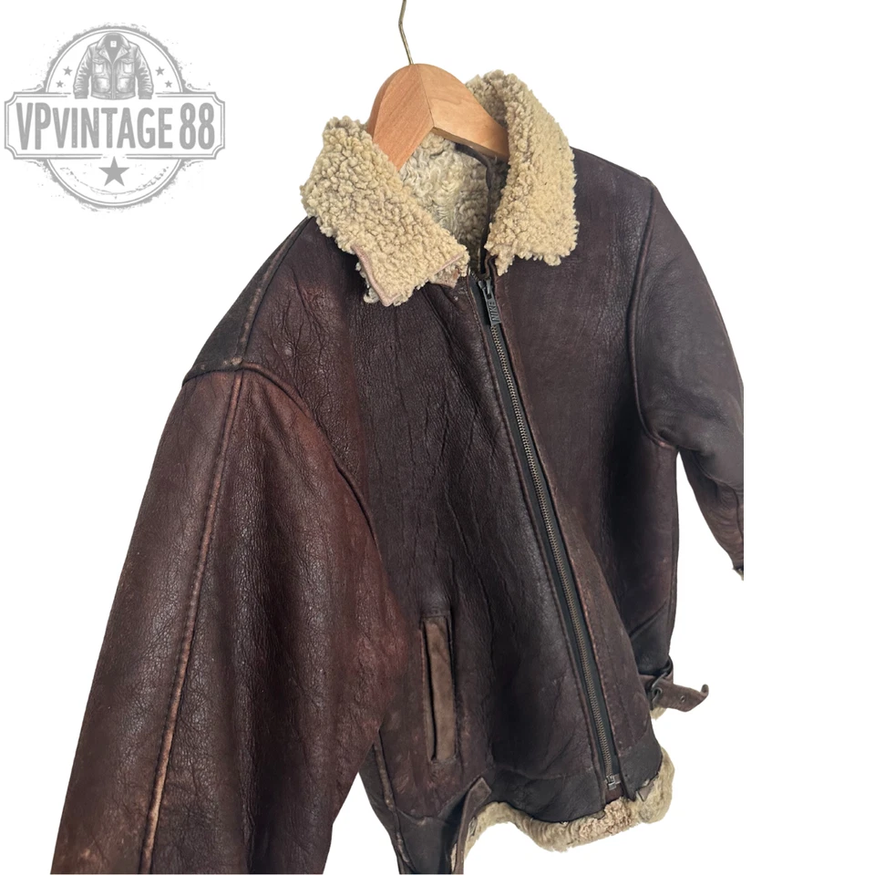 Vintage B-3 Aviator Bomber Jacket Brown Sheepskin Shearling Leather Flight - Image 2 of 4