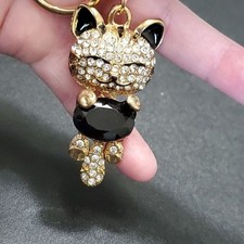 Gold tone rhinestone kitty cat key fob