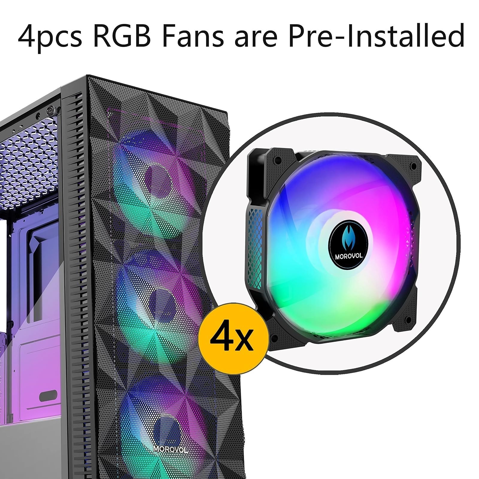 MOROVOL 621 ATX Gaming PC Case Mid Tower 4 RGB Fans Tempered Glass Mesh ...