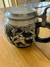Ceramic Beer Stein 0.5L with Hinged Pewter Lid, Blue/Grey Relief Scene