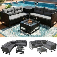 BIRCHTREE Rattan Furniture Set 4-Seater with Fire Pit Table & Side Storage Box