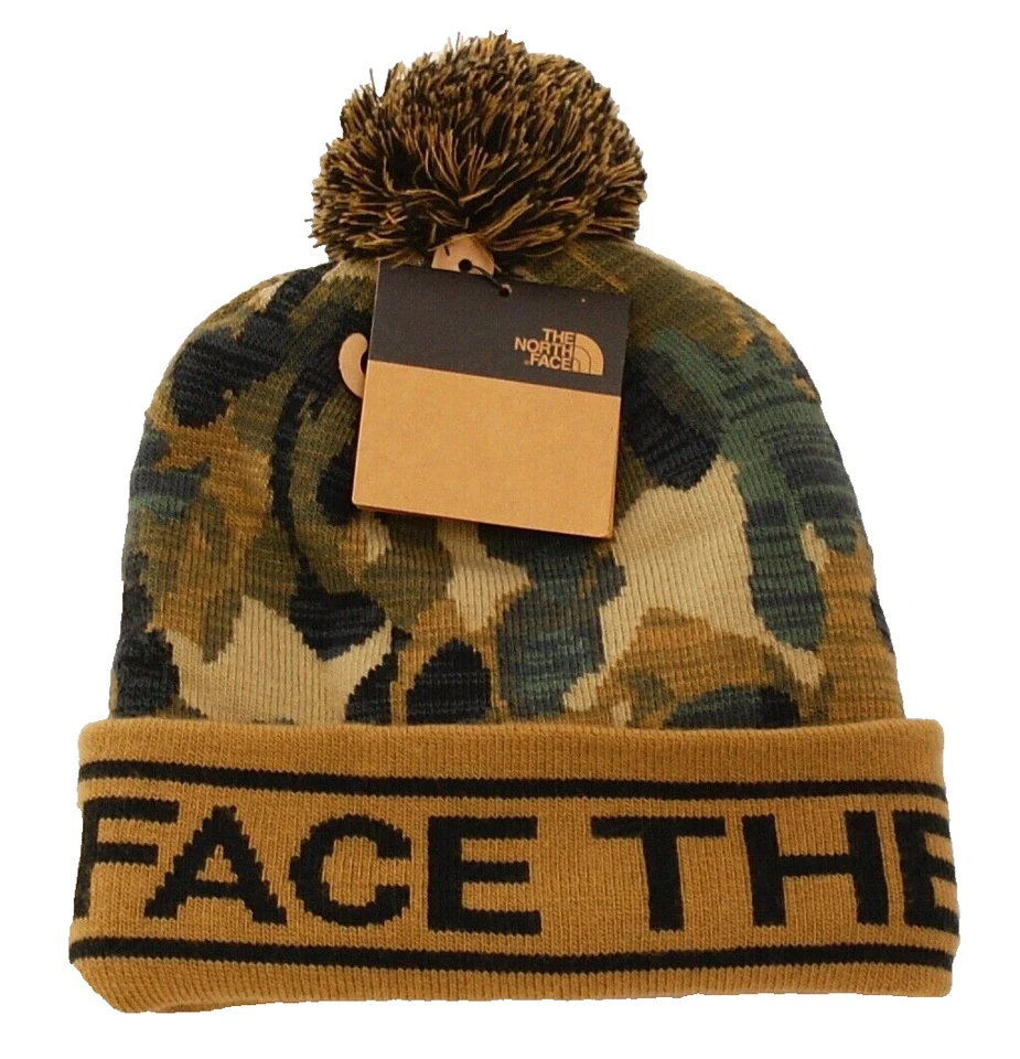 Gorro The North Face Juvenil Niño M 7-14 Verde Marrón Camuflaje Tejido Puño Pom Foto 2 de 2