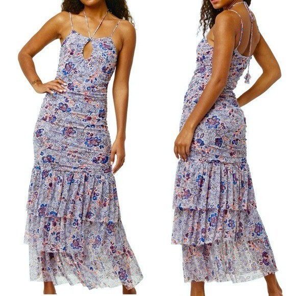NWT MISA Nicola Floral Mesh Halter Midi Dress Blue Size XS Retail $395 |  eBay