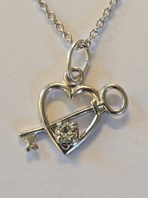 Sterling Silver ~ Heart Love Arrow Necklace 17'' ~ Simulated Diamond ~ VINTAGE!