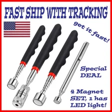 4 Magnetic Telescoping Pickup Rod Tool LED Light Grabber Stick Inspection Mirror