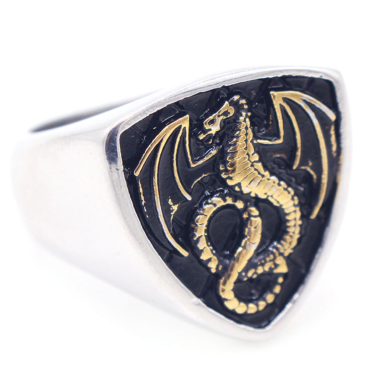 Vintage Flying Dragon Shield Signet Ring Stainless Steel Fire Dragon Emblem Ring