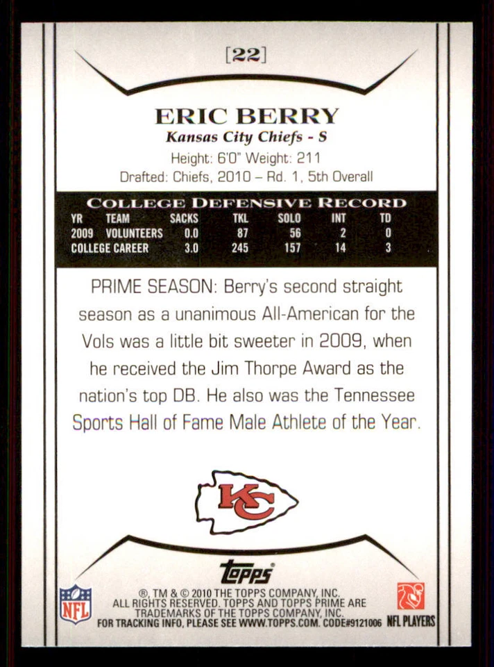 2010 Topps Prime #22 Eric Berry RC /999 - Image 2 of 2