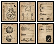 Star Wars Patent Print Set 6 Vintage Wall Art Prints with FRAMES 8x10 Starwars