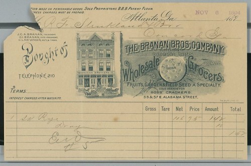 1894 The Branan Bros Company Wholesale Grocers Sole Agent Boss Crackers A31