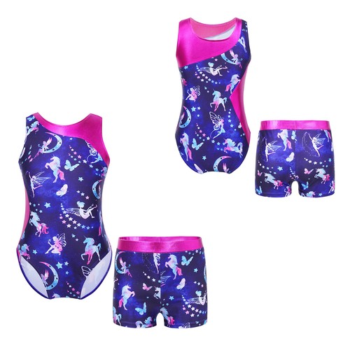 Kids Girls Animal Print Ballet Dance Leotard Shorts Set Gymnastic Outfit 2pc - Picture 13 of 45