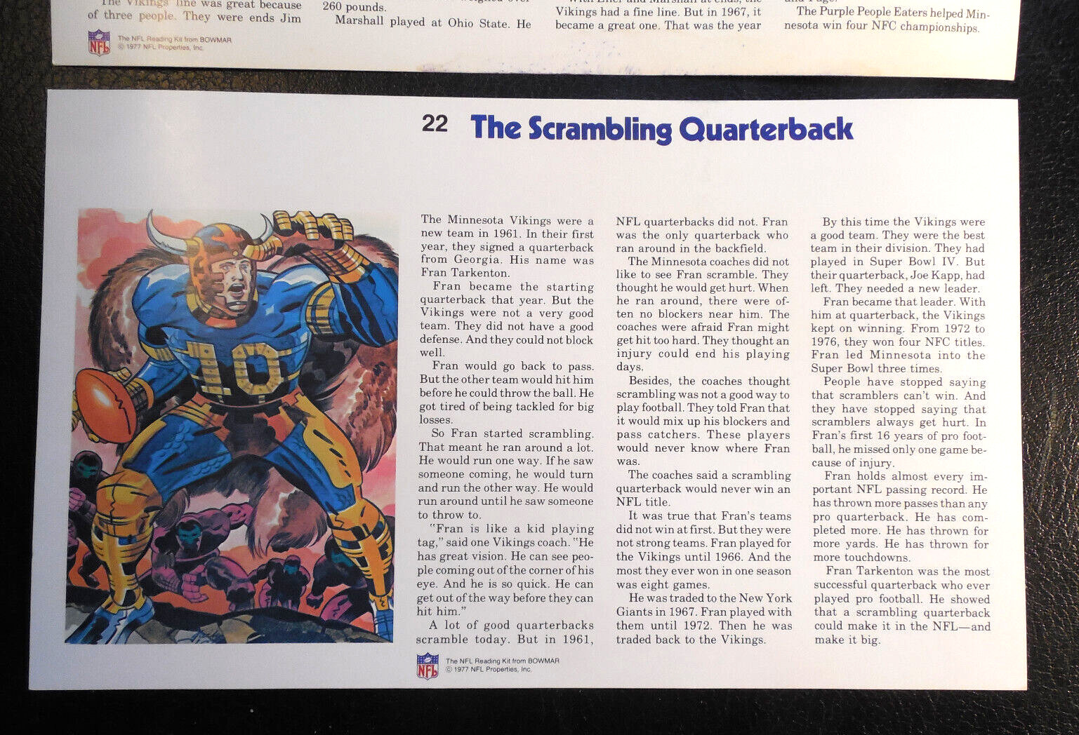 1977 Minnesota Vikings 2 RARE Bowmar cards Fran Tarkenton Purple People  8x14"